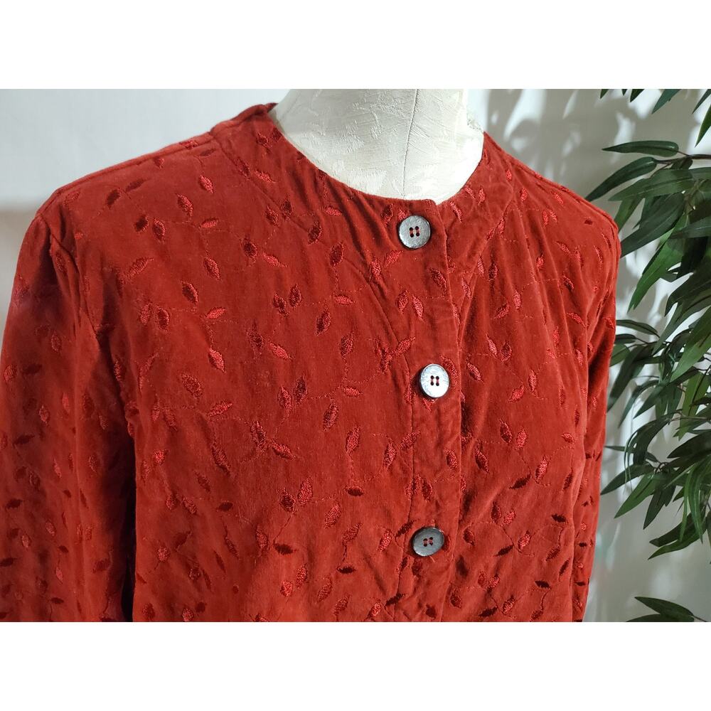 Vtg Cut Loose Embroidered Leaf Velour Button Jacket Size M Red Whimsy Boho 90s - Picture 5 of 11